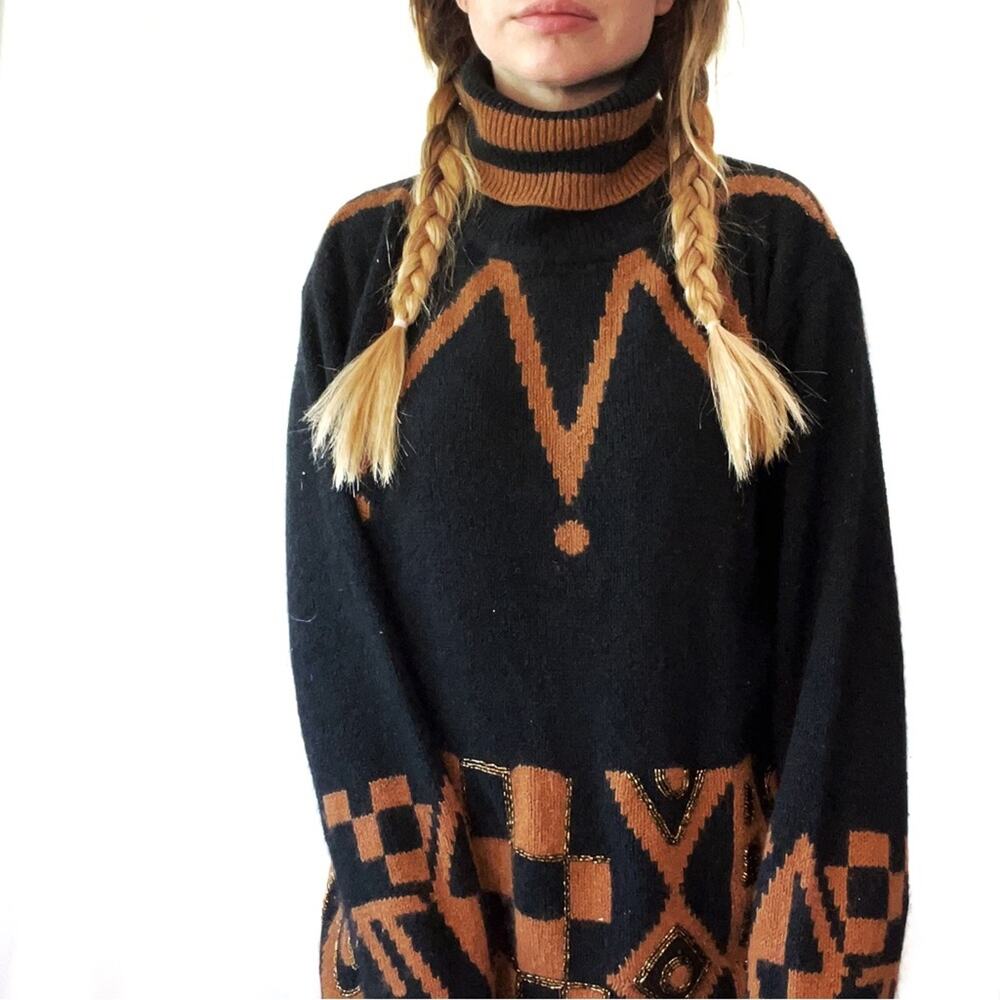 IB DIFFUSIONS Black & Brown Silk Blend Beaded Turtleneck Sweater Small - Picture 2 of 8